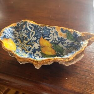 Handcrafted  Decorative oyster shell Blue and Yellow Design epoxy protected